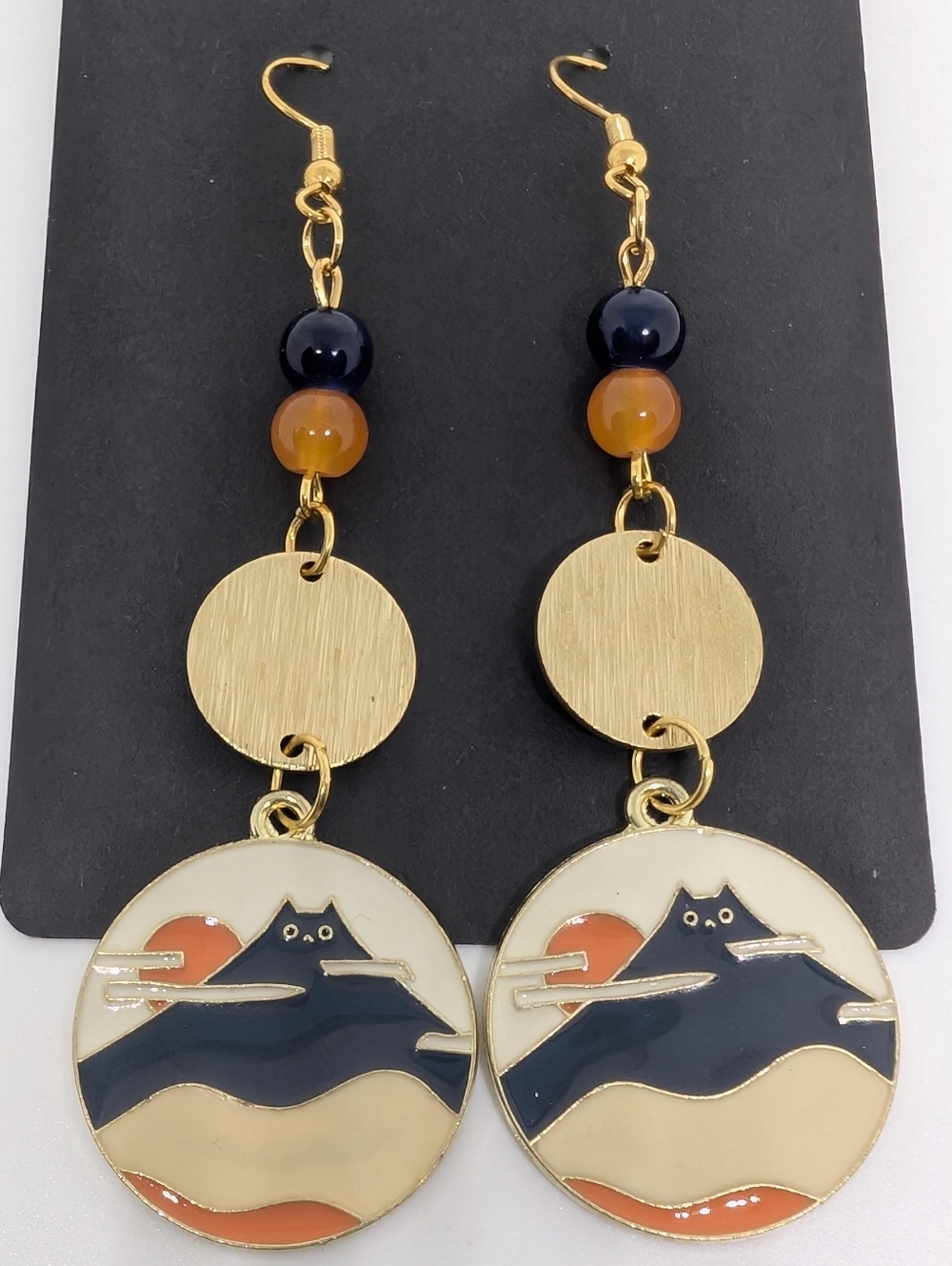 Handmade Beaded Boho Abstract Mt Fuji Black Cat Dangle Earrings